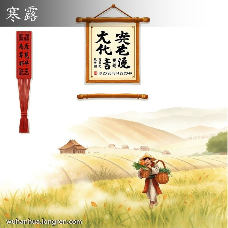 一个传统的中国农历挂历展示“寒露”节气，农民在田间收获农作物，背景是秋天的乡村风景。