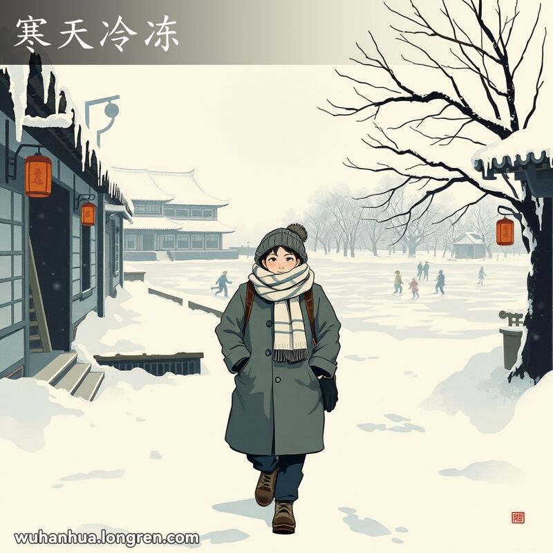 武汉冬季街景，地面覆雪，屋檐挂冰柱，市民穿厚衣快步走，背景有结冰湖泊和滑冰的人
