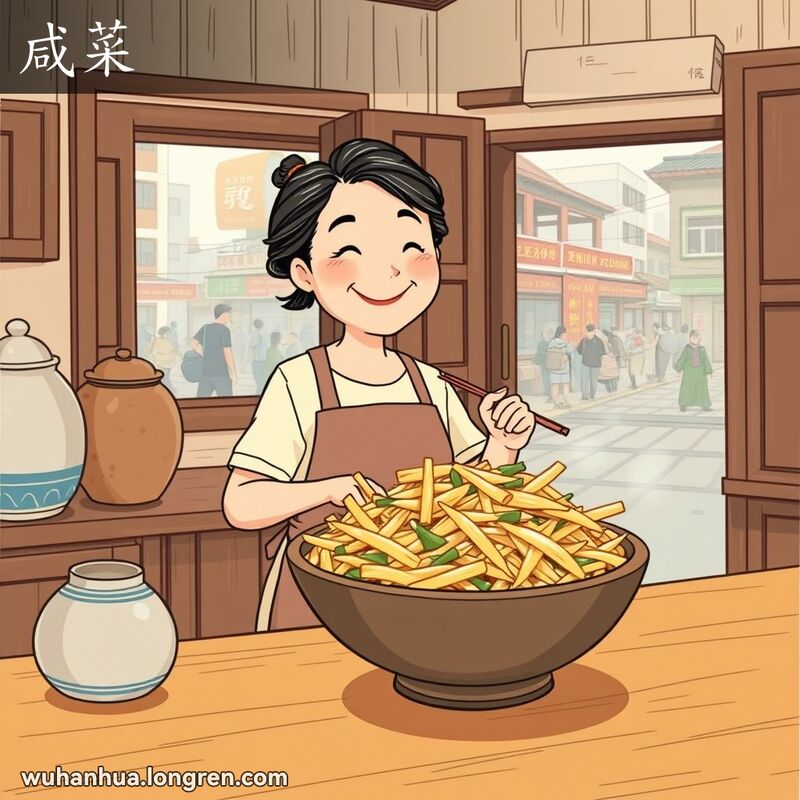 一位中年妇女在厨房中准备用盐腌制的咸菜，背景是武汉街景