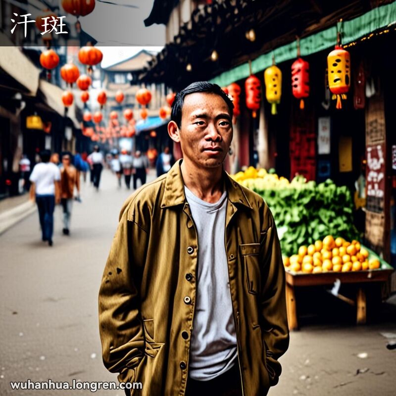 一位患有汗斑的人站在武汉老街景中，皮肤上有浅黄或深褐色的圆斑，背景有传统建筑和小摊贩