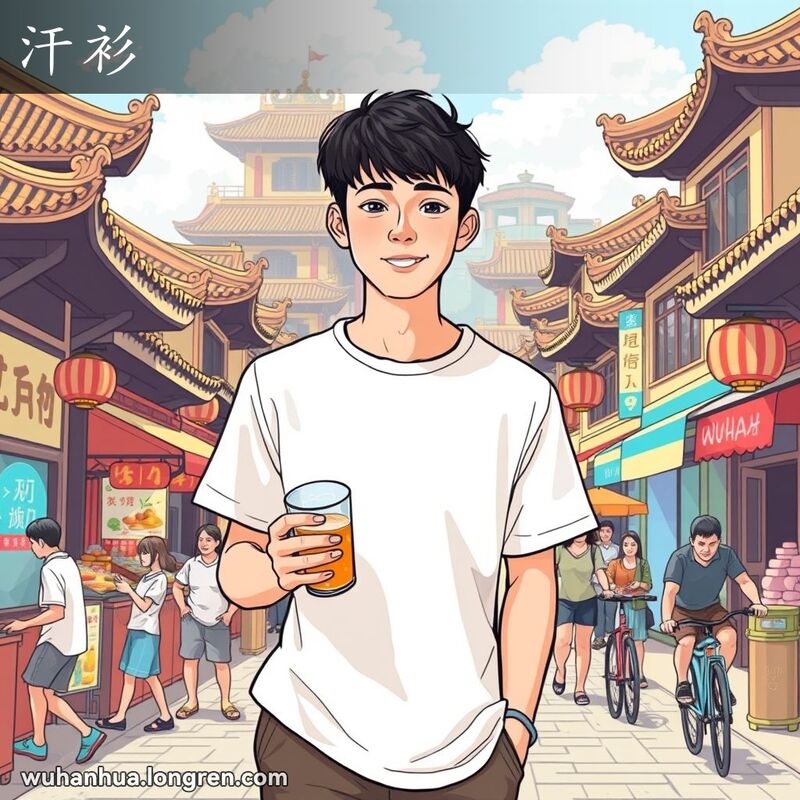 一位年轻男子穿着白色T恤站在武汉街头，手拿冷饮，背景是繁忙的街道和传统建筑