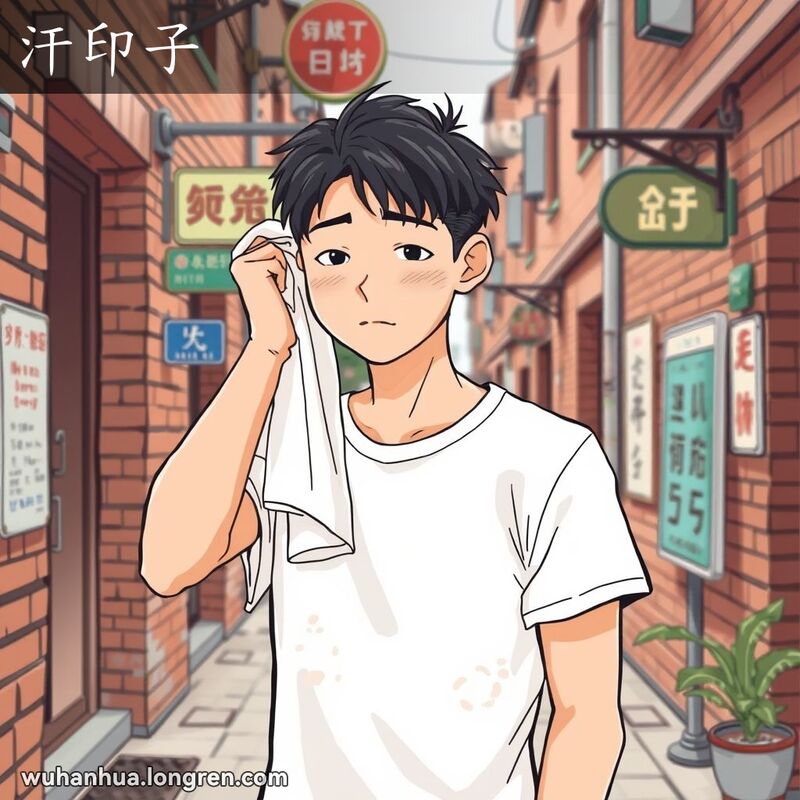 一位年轻男子站在武汉巷子里，穿着白色T恤，擦拭汗水，衣服上有明显的汗渍，背景是武汉老街景