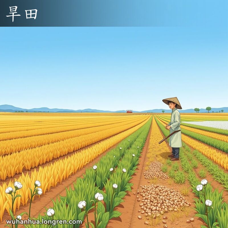 一片广阔的旱田，种植着小麦、杂粮、棉花和花生，农民在田间劳作，背景有丘陵和树木