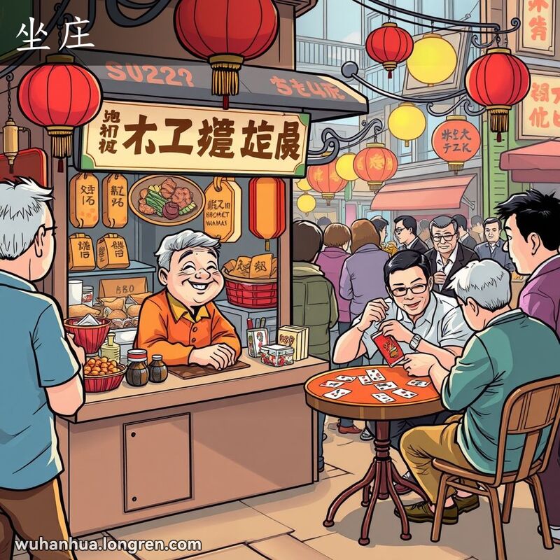 武汉街市场景，小吃摊主微笑互动，背景有人打牌，一人继续坐庄家位置