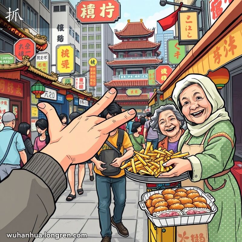 一位年轻人在武汉街头小摊前伸手抓取小吃，背景是繁忙的街道和传统建筑