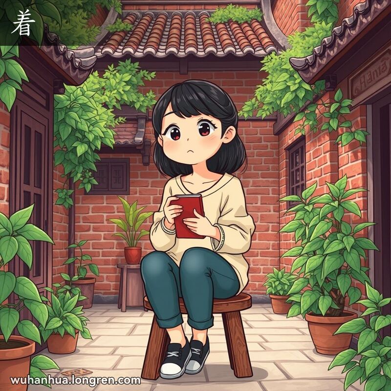 一位武汉年轻女性坐在庭院木凳上，手持笔记本和笔，神情若有所思，背景是宁静的传统庭院。