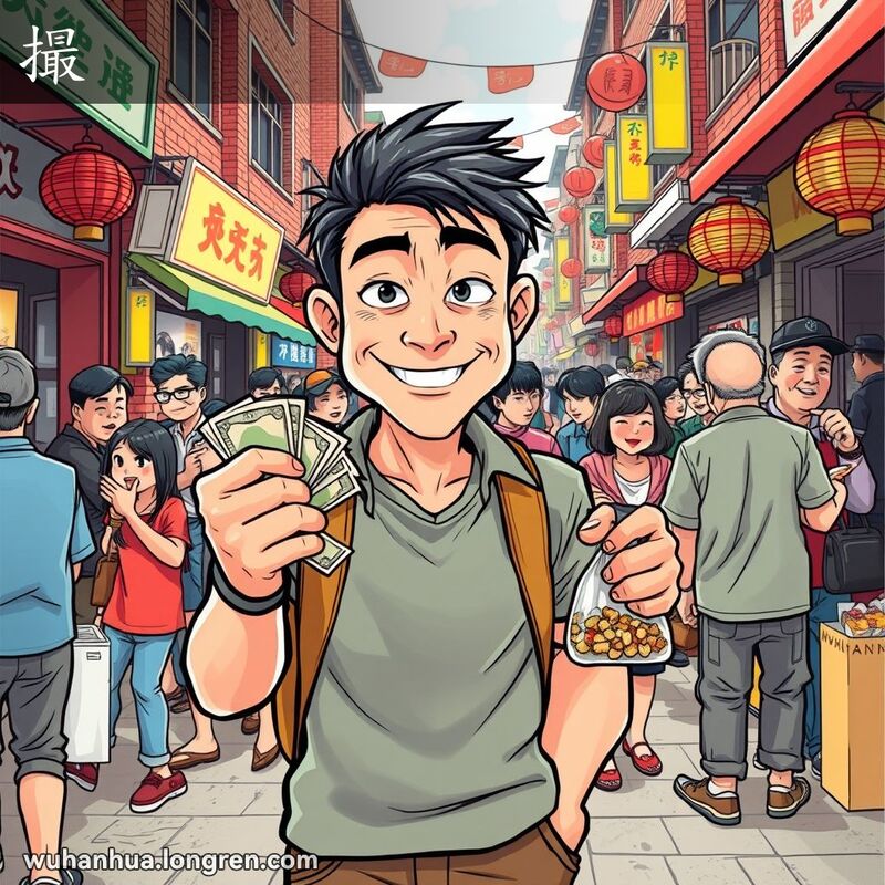 一位武汉男子在街市上手持钞票和小吃，脸带狡黠笑容，背景有人争吵，暗示他通过挑剔或占便宜获得额外利益