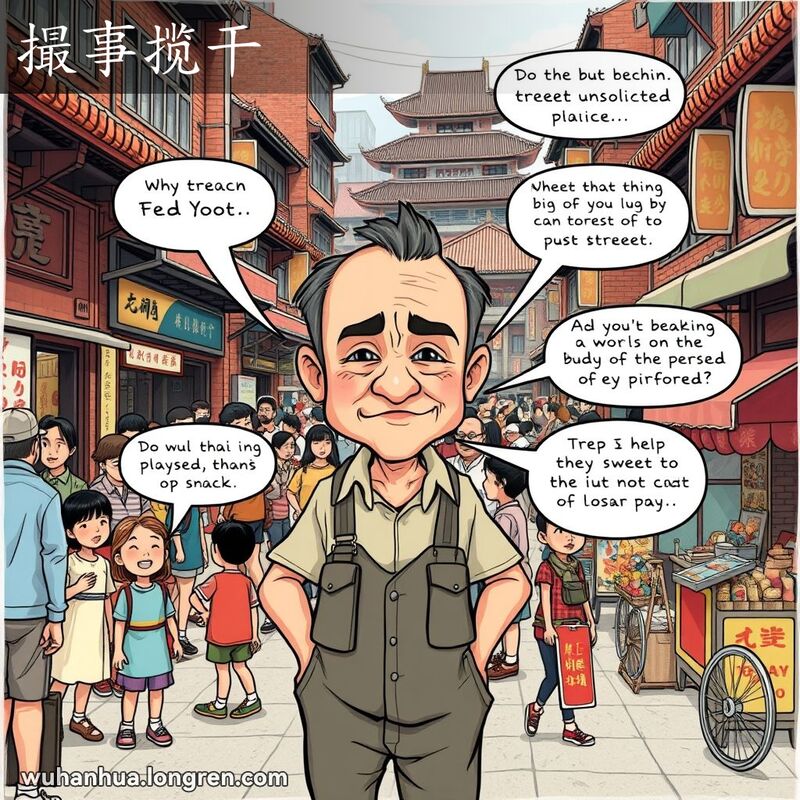 一位中年男子在武汉街头插手各种事情，背景是武汉老街景