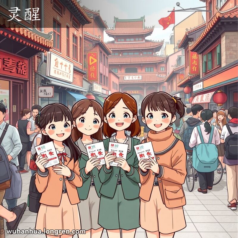 一群整洁、好看的武汉姑娘站在街头手持宣传单，笑容满面，背景是武汉老街景