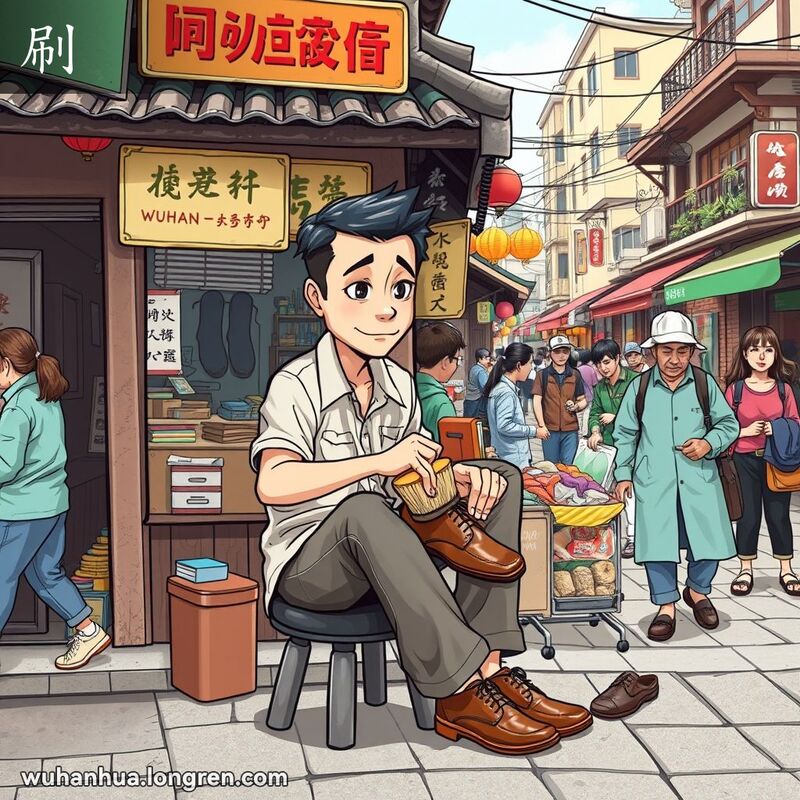 一位年轻男子坐在武汉街头小店前，专注地用刷子擦亮皮鞋，背景是繁忙的老街景。