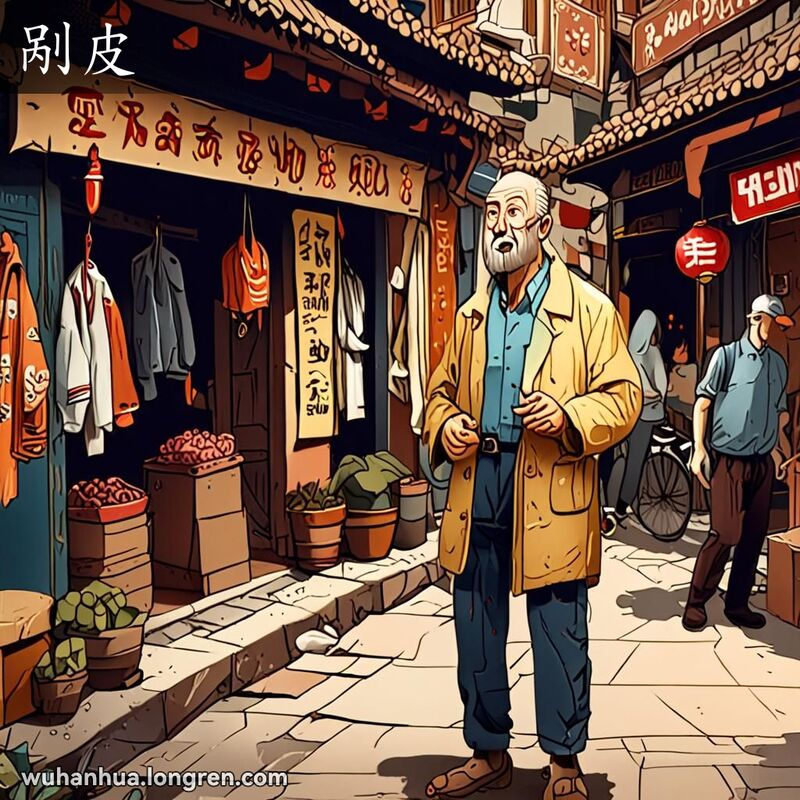 一位武汉市民在炎热的夏天里，穿着过多的衣物，汗流浃背地试图脱掉外套，背景是武汉的老街景，有传统建筑和小店铺。