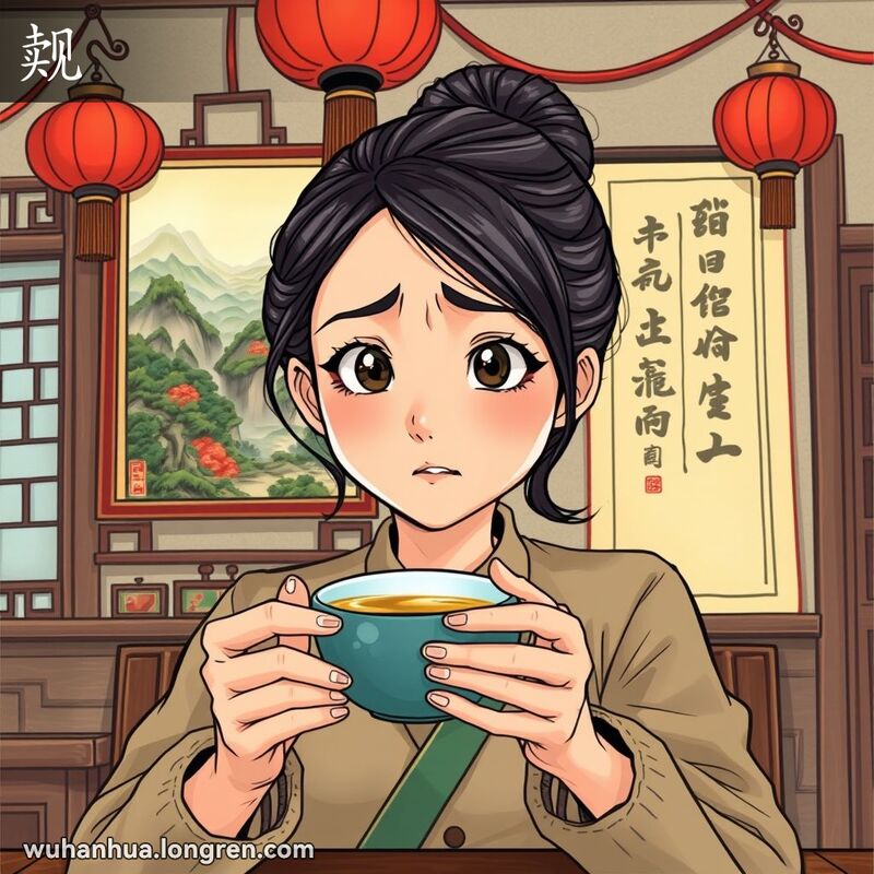 一位武汉年轻女子在茶馆内专注地凝视着墙上的山水画，眼神疲惫，表现了“觌”的含义。
